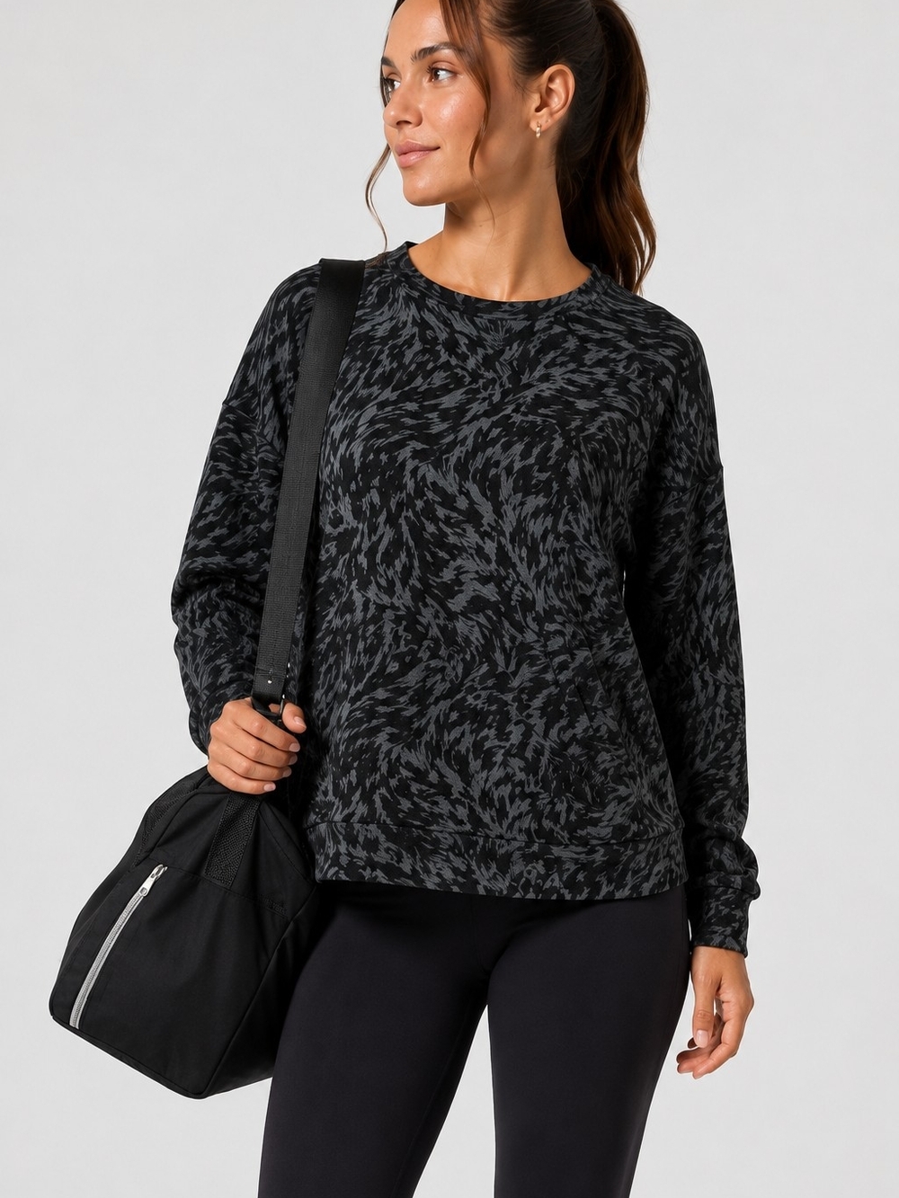Athleta Black Animal Print Heathered Patterned Crewneck Sweatshirt